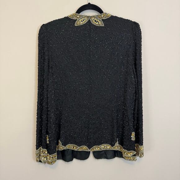 Vintage 80s Bernadette Designs Inc Blazer L Black Silk Beaded Sequin Evening - Picture 2 of 7